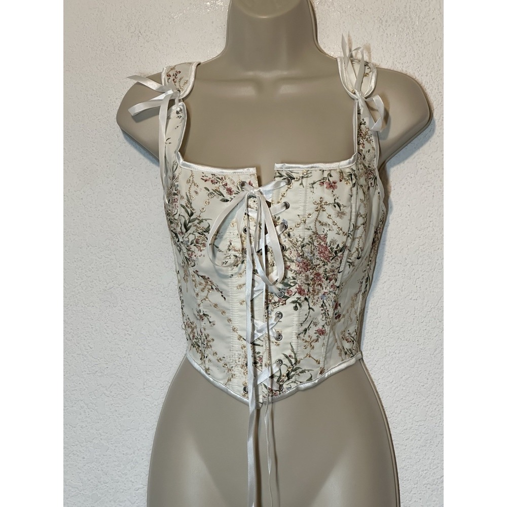 White Floral‎ Corset Top Lace Up Bustier Large Boned Cottagecore Fairycore NWOT